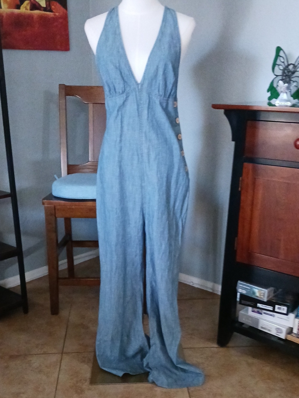 Free People Light Blue Chambray "Dance All Night" One Piece Jumpsuit